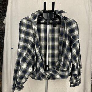 Women’s Blue Plaid Wrap Button-Up Shirt Size M | Collared Casual Top